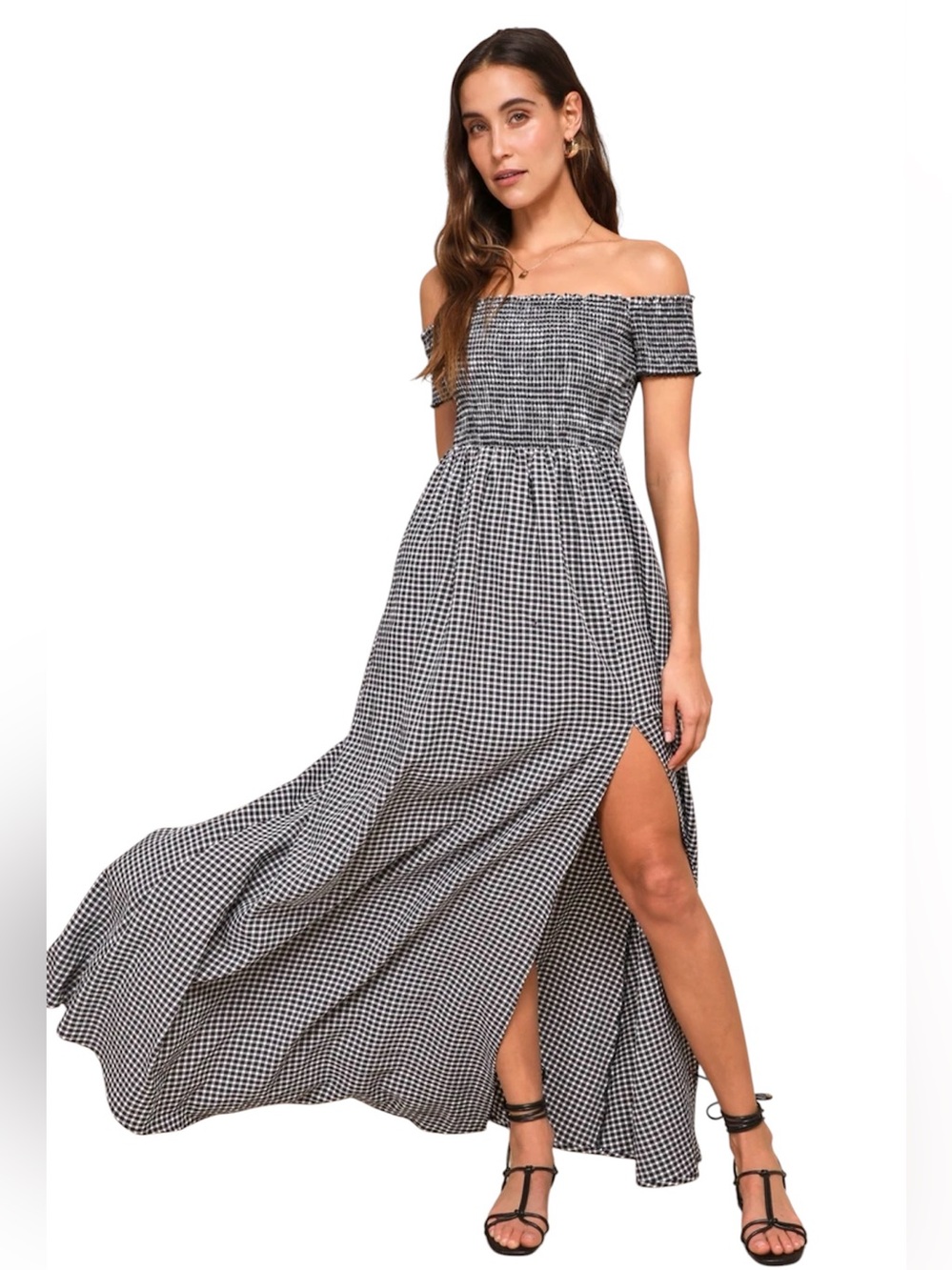 Lulus Patsy Black and White Gingham Off-the-Shoulder Dress Size S Black White